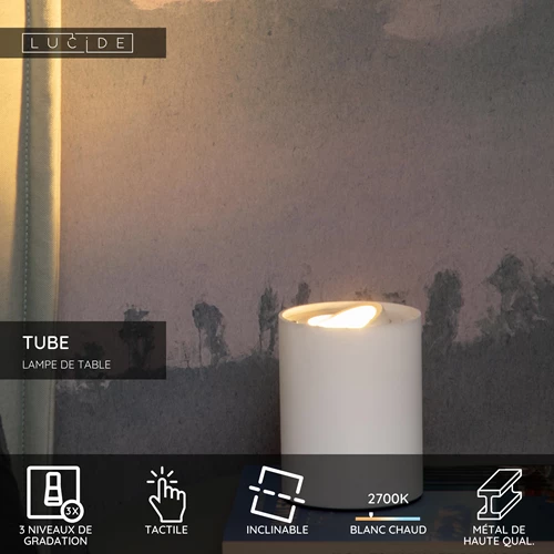 Lucide TUBE - Lampe de table - Ø 9,6 cm - LED 3 StepDim - GU10 - 1x5W 2700K - Blanc - USP